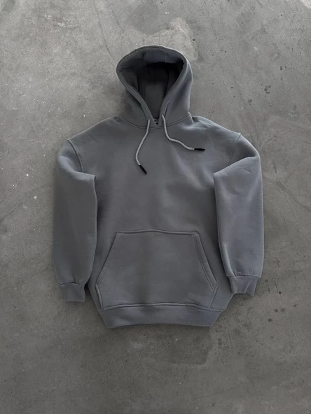 Kapüşonlu Üç İplik Penye Basic Sweatshirt - Boyalı Gri - Resim 2