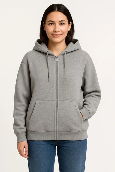 Kadın Üç İplik Kapüşonlu Tam Fermuarlı Kanguru Çepli Sweatshirt Hoodie - Gri ürün görseli 1