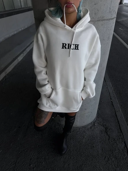 Uzun Kol Kapüşonlu Göğüs Baskılı Sweatshirt - Beyaz ürün görseli 1