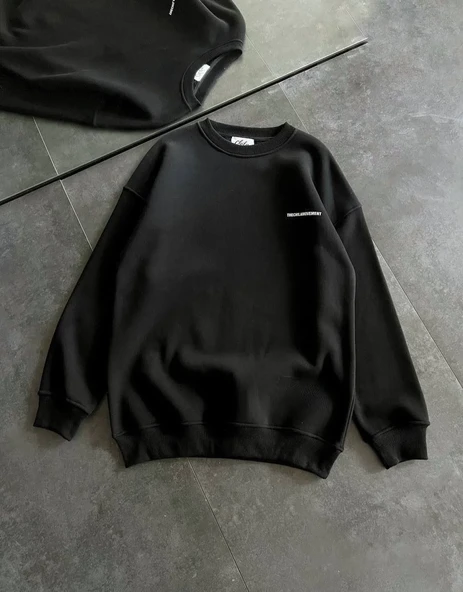Kışlık Bisiklet Yaka Oversize Baskılı Sweatshirt - Siyah - Resim 2