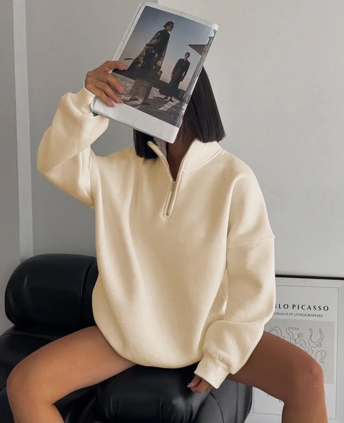 Kadın Yarım Fermuarlı Üç İplik Sweatshirt - Bej ürün görseli 1