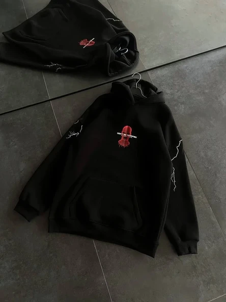 Üç İplik Kapüşonlu Baskılı Oversize Sweatshirt- Siyah - Resim 3