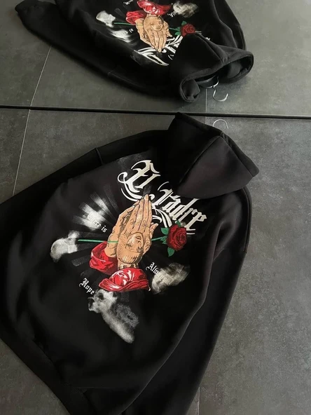 Üç İplik Penye Uzun Kol Kapşonlu Baskılı Sweatshirt - Siyah ürün görseli 1