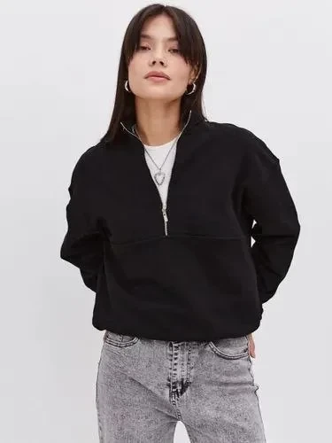 Oversize Yarım Farmuarlı Yakalı Basic Sweatshirt - Siyah ürün görseli 1