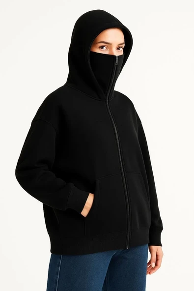 Kadın Samuray Ninja Çift Kapüşonlu Maske Detaylı Fermuarlı Kanguru Cepli Hoodie - Siyah ürün görseli 1