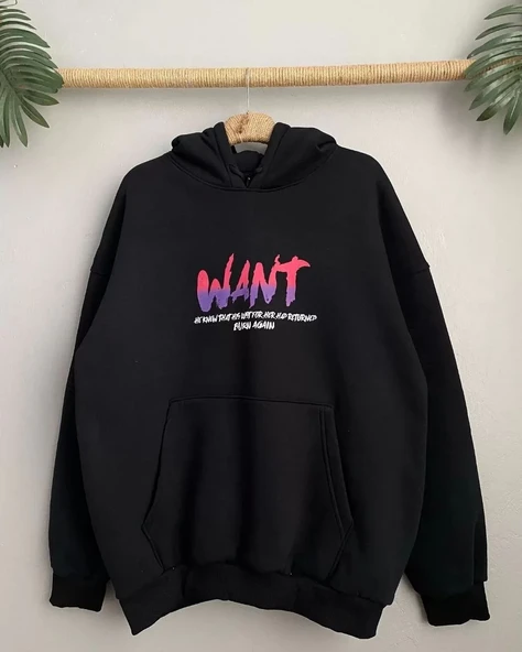 Baskılı Üç İplik Kapüşonlu Oversize Sweatshirt - Siyah - Resim 2