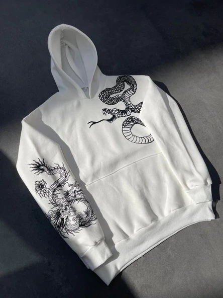 Uzun Kol Kapüşonlu Baskılı Sweatshirt - Beyaz - Resim 3