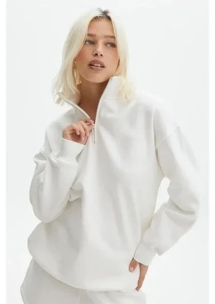Unisex Uzun Kol Yarım Farmuarlı Yakalı Basic Sweatshirt - Beyaz ürün görseli 1