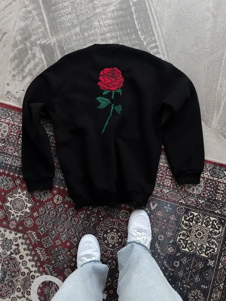 Oversize Üç İplik Bisiklet Yaka Baskılı Sweatshirt - Siyah ürün görseli 1