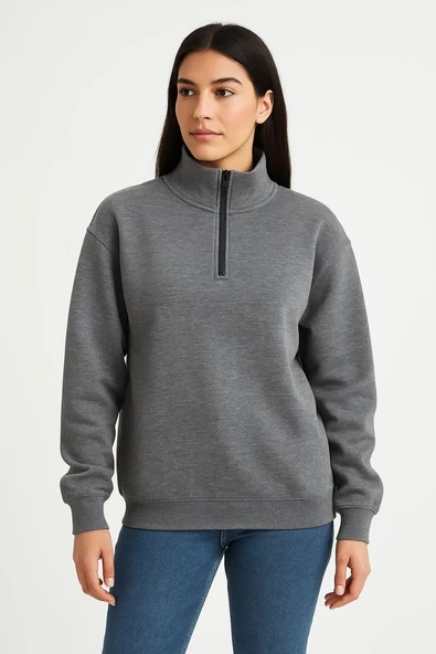 Kadın Üç İplik Dık Yaka Yarım Fermuarlı Sweatshirt - Antrasit ürün görseli 1