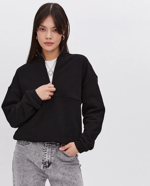 Oversize Yarım Farmuarlı Yakalı Basic Sweatshirt - Siyah - Resim 3