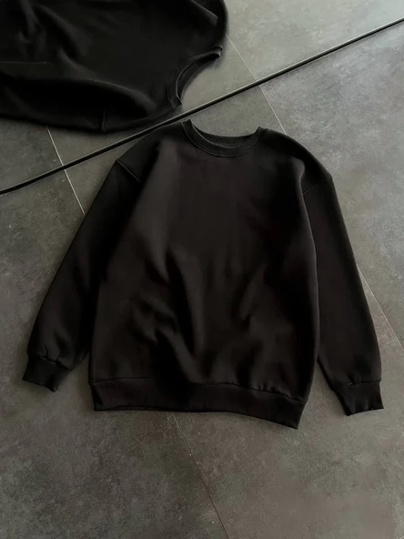 Kışlık Bisiklet Yaka Üç İplik Basic Sweatshirt - Siyah - Resim 3