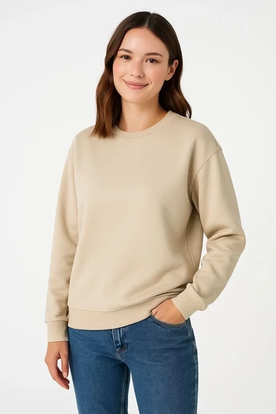 Kadın Üç İplik Düz Bisiklet Yaka Sweatshirt - Bej ürün görseli 1