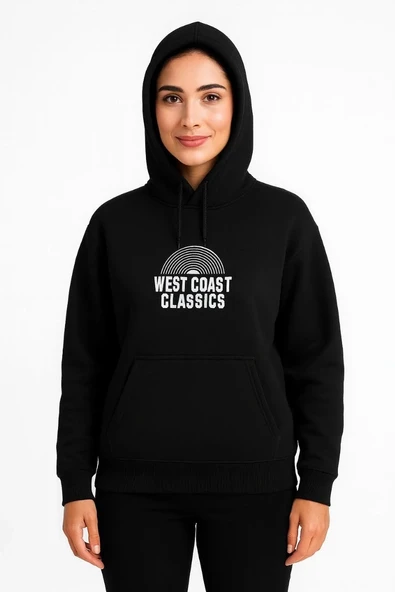 Kadın Kapşonlu Sweatshirt – Oversize Üç İplik Şardonlu Hoodie, “west Coast Classics” Ön & Arka Baskılı, Kanguru Cepli Kışlık Günlük Stil - Siyah ürün görseli 1