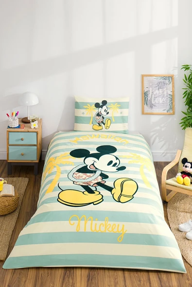 Özdilek Lisanslı Lastikli Çarşaflı Tek Kişilik Çocuk Nevresim Takımı-Mickey Mouse Hawaii Mint ürün görseli 1