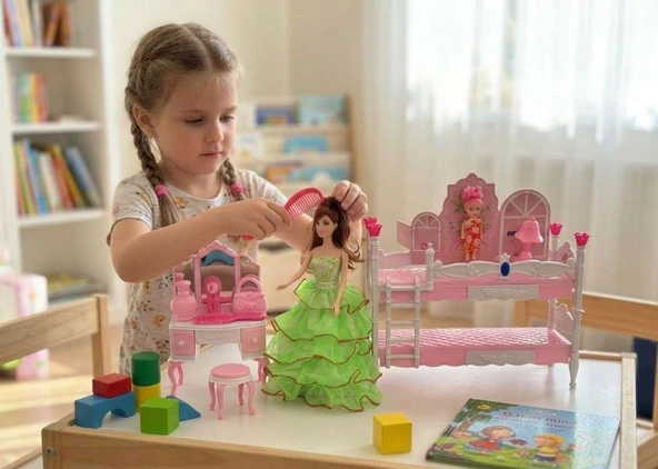 Christie Moda ve Tasarım Dünyası: 2 Figürlü 13 Parçalı Aksesuarlı Bebek ve Mobilya Oyuncak Seti ürün görseli 1