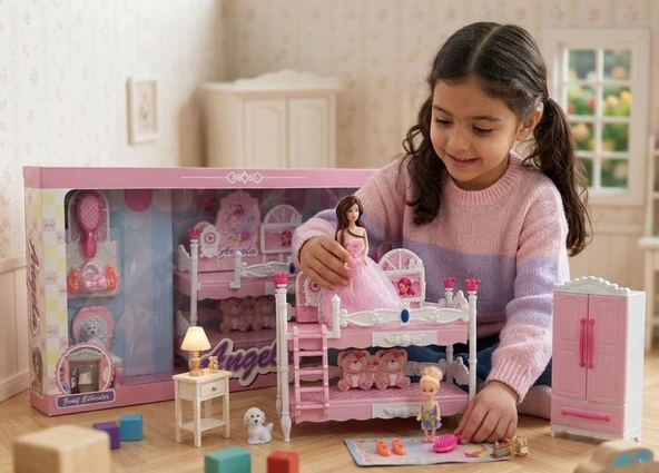 Angela Serisi: 12 Parçalı 3 Figürlü Yedek Elbiseli ve Ranza Odası Setli Oyuncak Bebek Seti ürün görseli 1