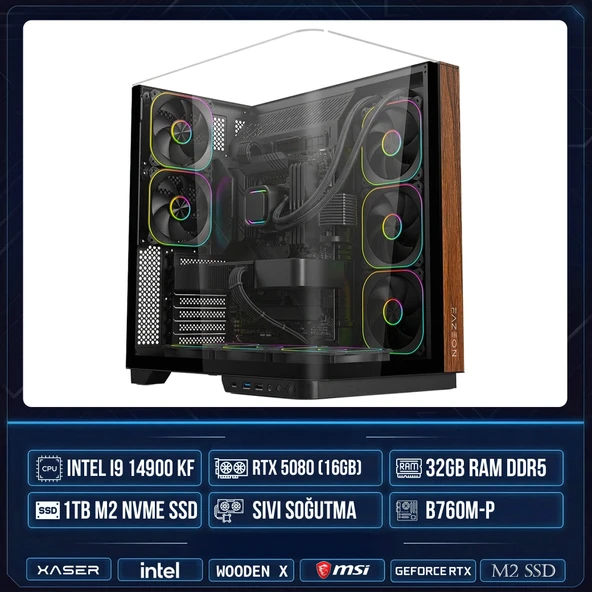 Xaser WOODEN X270 i9 14900KF 32GB DDR5 Ram 1TB M.2 NVMe SSD 16GB RTX5080 Sıvı Soğutmalı Masaüstü Oyuncu OEM Bilgisayar ürün görseli 1