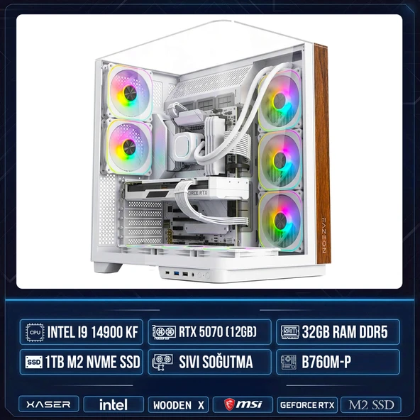 Xaser WOODEN X240 i9 14900KF 32GB DDR5 Ram 1TB M.2 NVMe SSD 12GB RTX5070 Sıvı Soğutmalı Masaüstü Oyuncu OEM Bilgisayar ürün görseli 1