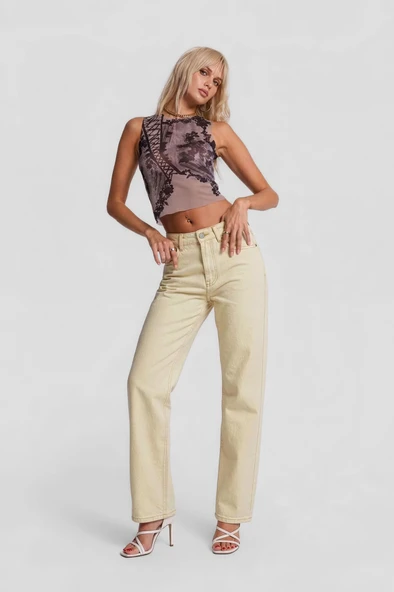 Kadın Ekru Straight Fit %100 Pamuk Jean Pantolon ürün görseli 1