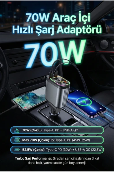 70W Araç İçi Hızlı Şarj Cihazı Adaptörü Type-C PD ve USB-A QC 3.0 Çoklu Port Çakmaklık Şarjı ürün görseli 1