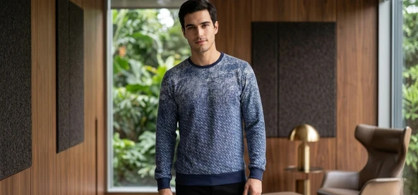 FLP Erkek Indigo Melanj Desenli Pamuklu Comfort Fit Sweatshirt / Uzun Kollu Penye Üst ürün görseli 1