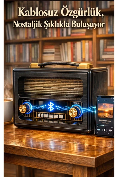 Ahşap Gövdeli Nostaljik Radyo - Bluetoothlu Müzik Çalar ve Güçlü Ses Sistemi ürün görseli 1