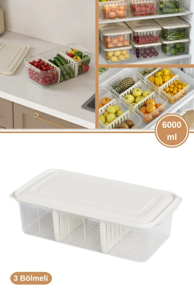 Flora 3 Bölmeli Kapaklı Organizer 6 litre, Büyük Boy Sebze Meyve Düzenleyici Buzdolabı Saklama Kabı ürün görseli 1
