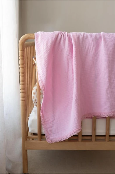Pamuklu Kenarı Fistolu Bebek Battaniyesi 80x100 Cm Pembe ürün görseli 1