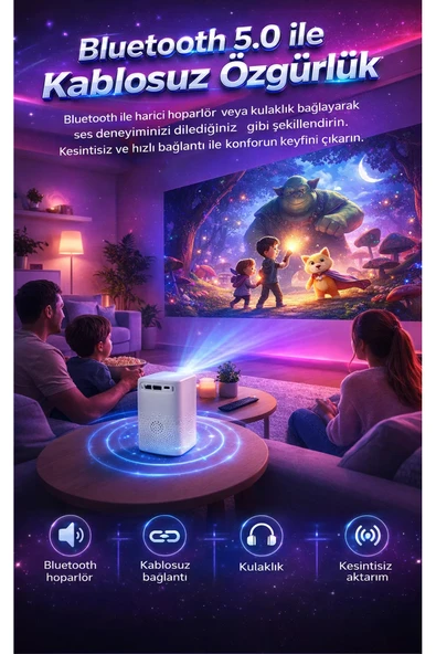 Full HD 1080P Destekli Taşınabilir LED Projeksiyon Cihazı - HDR Uyumlu Akıllı Ev Sineması ürün görseli 1