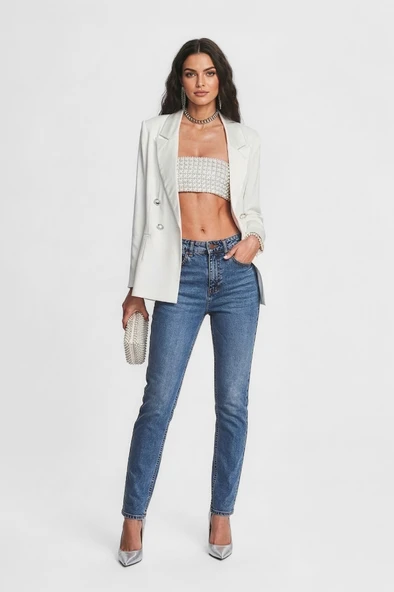 Kadın Düz Kesim Slim Fit %100 Pamuk Mavi Jean Pantolon ürün görseli 1
