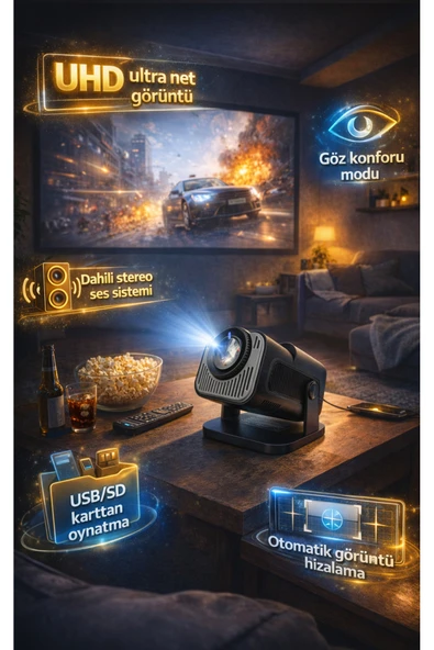 Full HD 1080P Destekli Android 11 Akıllı Projektör- Wi-Fi 6 Bluetooth 5.0 Taşınabilir Sinema Sistemi ürün görseli 1