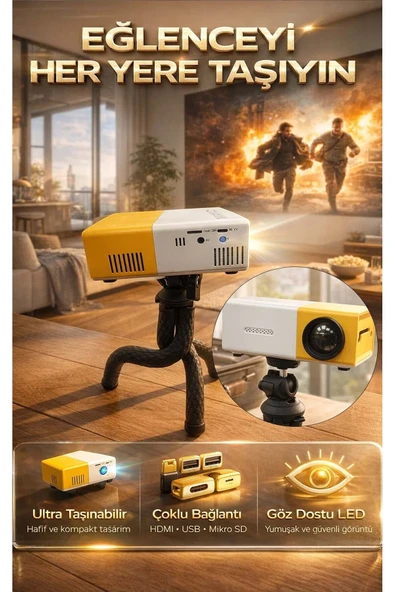 Taşınabilir Mini LED Projeksiyon Cihazı - Full HD Destekli Ev Sinema Sistemi - Sarı & Beyaz ürün görseli 1