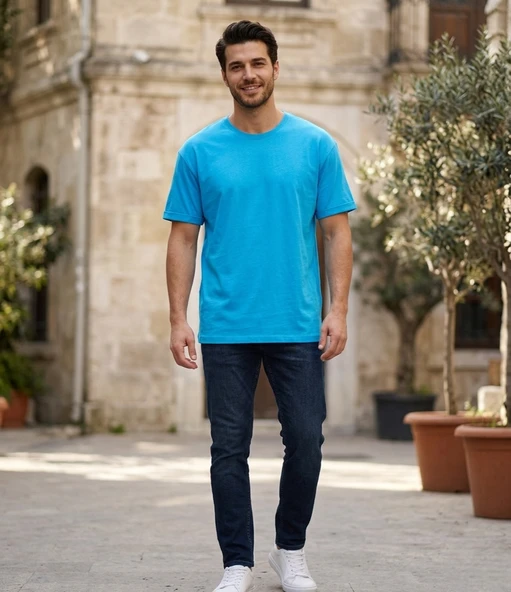 FLP Erkek Turkuaz Pamuklu Likralı Rahat Kalıp Bisiklet Yaka T-Shirt ürün görseli 1