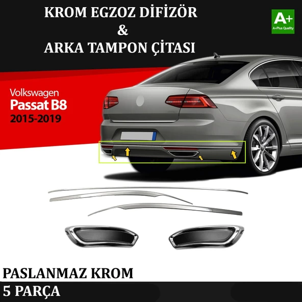 VW Passat B8 Arka Tampon Alt Çıtası & Egzoz Görünümü Difüzör Krom Takım 2015 2016 2017 2018 2019 ürün görseli 1