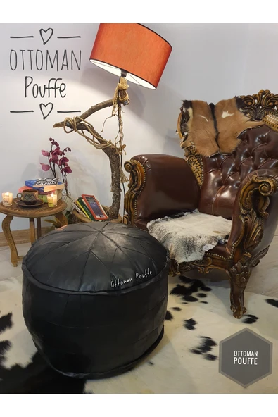 Ottoman Pouffe Dolgulu ! El Yapımı Hakiki Deri Orijinal Ottoman Siyah Puf Yer Minderi 60x40cm ürün görseli 1