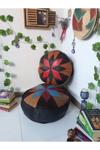Ottoman Pouffe El Yapımı Hakiki Kuzu Deri Iskandinav Bahçe Balkon Bungalov Puf Yer Minderi Ikili 60ve40cm(DOLGULU) ürün görseli 1