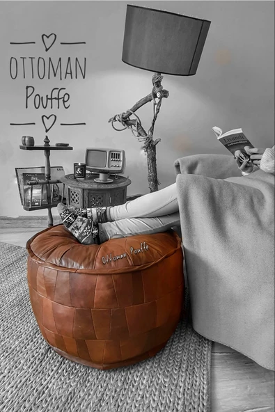 Ottoman Pouffe Dolgulu ! El Yapımı Hakiki Deri Orijinal Bohem Ottoman Puf Yer Ayak Minderi 60x42cm ürün görseli 1