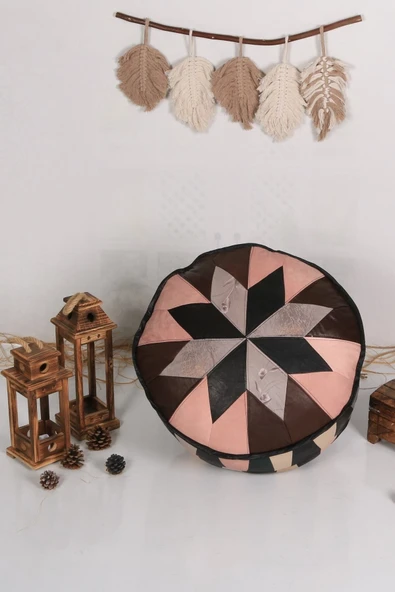 Ottoman Pouffe Art Deco El Yapımı Hakiki Deri Orijinal Bohem Ottoman Puf Minder 60cm (DOLGULU) ürün görseli 1