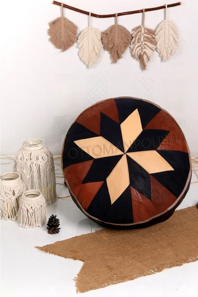Ottoman Pouffe İskandinav El Yapımı Hakiki Deri Bohem Puf Minder 60x30cm (Dolgusuz Gönderilecek) ürün görseli 1