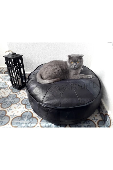 Ottoman Pouffe El Yapımı Hakiki Kuzu Derisi Bahçe Balkon Bungalov Kedi Puf Yer Minderi Siyah 60x30cm(DOLGULU) ürün görseli 1