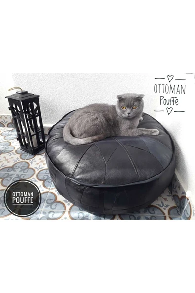 Ottoman Pouffe İskandinav El Yapımı Hakiki Deri Siyah Puf Yer Minderi 60x30cm ürün görseli 1