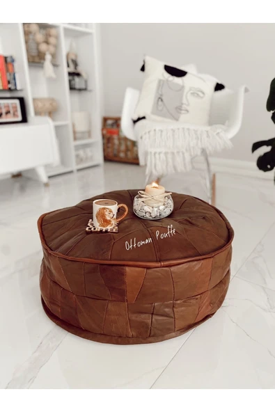 Ottoman Pouffe Açılışa Özel Fiyat! Art Deco El Yapımı Hakiki Deri Ottoman Bohem Pouf Minder 60x30 Dolgulu ürün görseli 1
