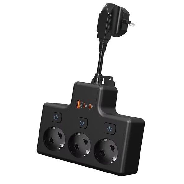 Termal Akım Korumalı 3'lü Duvar Tipi Priz: 1x USB + 2x Type-C Çıkışlı Grup Priz Çoğaltıcı (3500W) ürün görseli 1