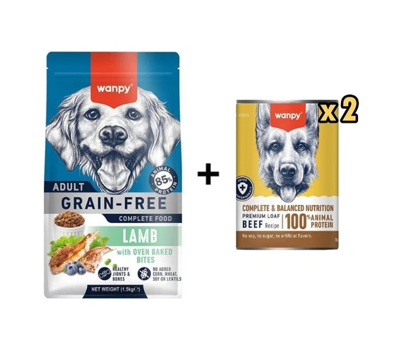Wanpy Tahılsız Kuzulu Yetişkin Köpek Maması 1,5 Kg + 2 Adet Wanpy Tahılsız %100 Gerçek Et Biftekli Köpek Konservesi 375 gr ürün görseli 1