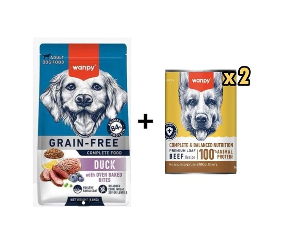 Wanpy Tahılsız Ördekli Yetişkin Köpek Maması 1,5 Kg + 2 Adet Wanpy Tahılsız %100 Gerçek Et Biftekli Köpek Konservesi 375 gr ürün görseli 1