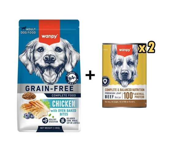 Wanpy Tahılsız Tavuklu Yetişkin Köpek Maması 1,5 Kg+ 2 Adet Wanpy Tahılsız %100 Gerçek Et Biftekli Köpek Konservesi 375 gr ürün görseli 1