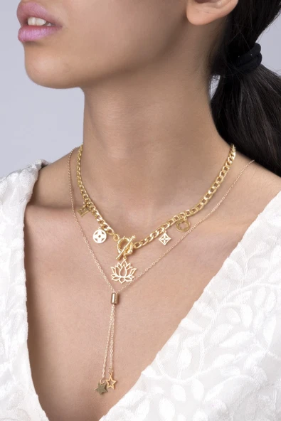 Sortie Aksesuar Çelik Lotus, Çiçek Ve Yıldız Figürlü Asansörlü Kombin Kolye 0134 ürün görseli 1