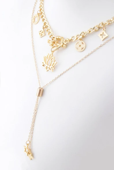 Sortie Aksesuar Çelik Lotus, Çiçek Ve Yıldız Figürlü Asansörlü Kombin Kolye 0140 ürün görseli 1