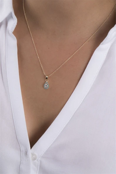Sortie Aksesuar Kadın Altın Rengi Damla Figürlü Mavi Zirkon Kolye 049 ürün görseli 1